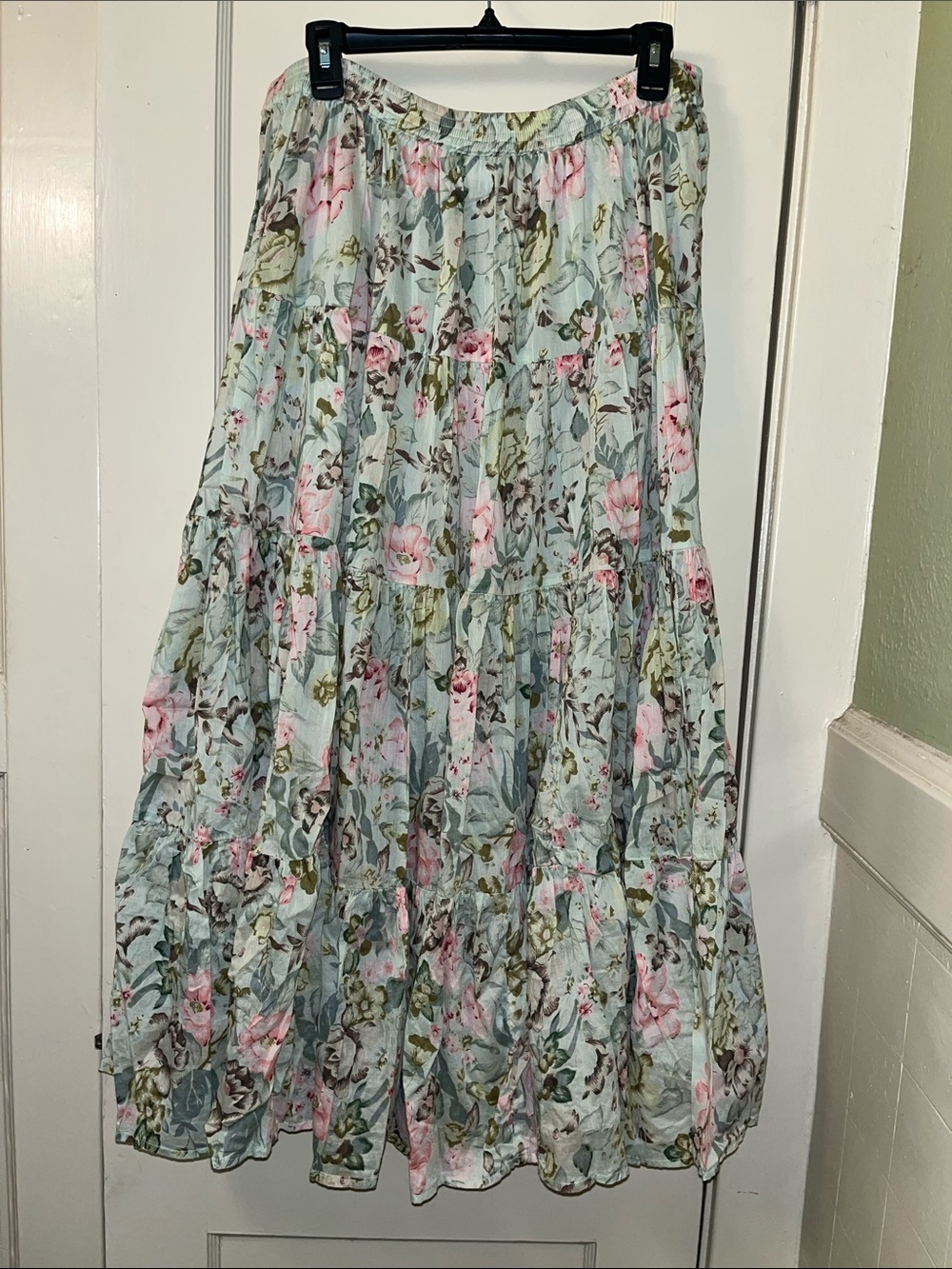 Floral Tiered Maxi Skirt in Green and Pink